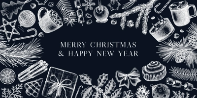 Vintage Christmas background on chalkboard. Popular holiday banner with winter decor, hot drinks, traditional sweets, and winter plants. Christmas decoration, greeting card or invitation design